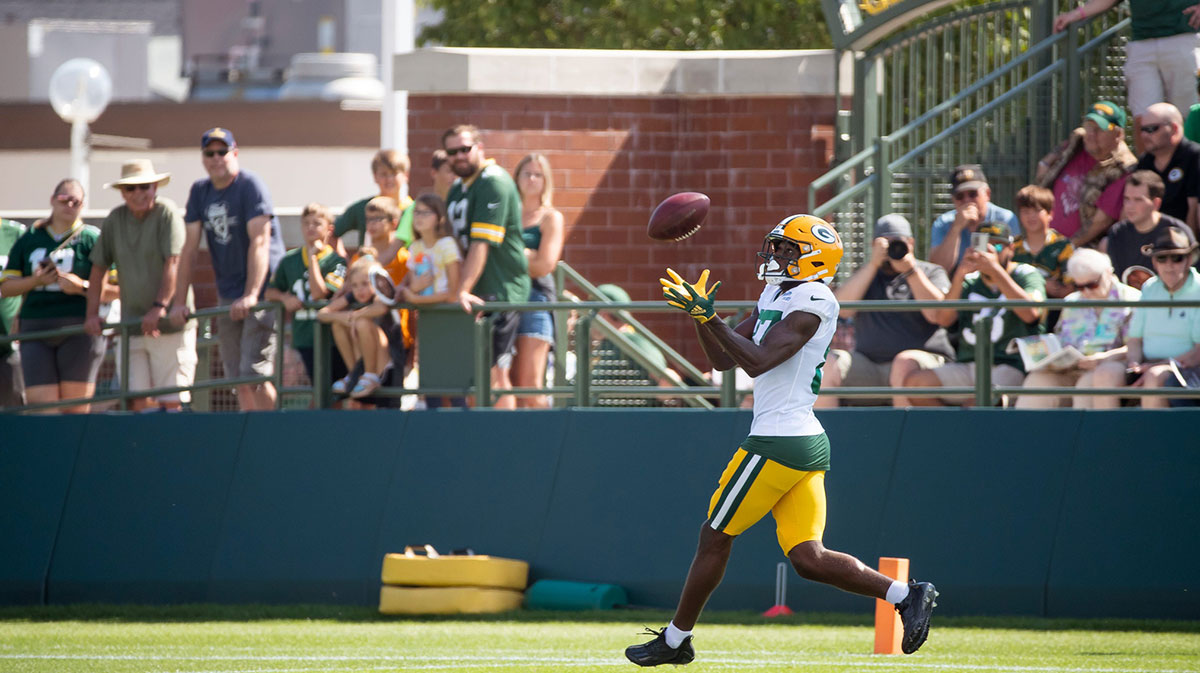 Green Bay Packers wide receiver Romeo Doubs (87) runs to catch a pass at training camp practice on Tuesday, Aug. 16, 2022, at Ray Nitschke Field in Ashwaubenon, Wis. Samantha Madar/USA TODAY NETWORK-Wisconsin Gpg Joint Practice Tuesday 08162022 0011