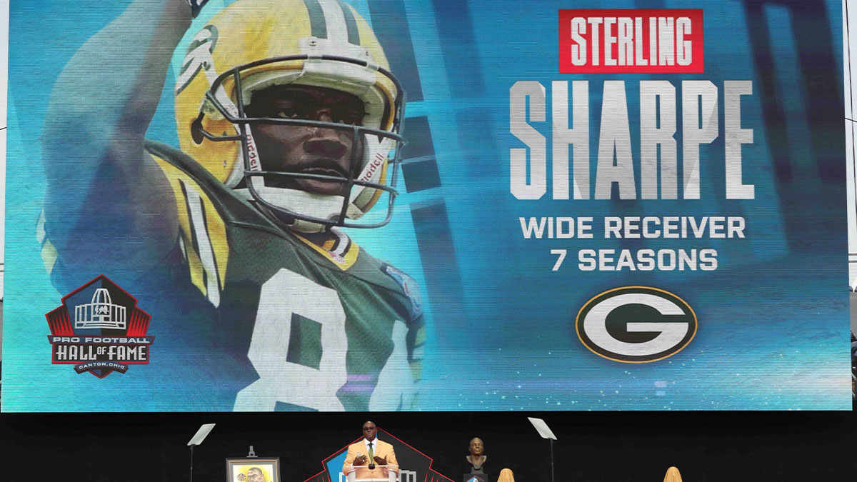 Pro Football Hall of Fame-Class of 2025 enshrinee Sterling Sharpe gives his acceptance speech at Tom Benson Hall of Fame Stadium.