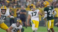 Green Bay Packers kicker Brandon McManus (17) kicks a field goal during Family Night on Saturday, August 2, 2025, at Lambeau Field in Green Bay, Wis. Brandon McManus tried punting with poor results, but Daniel Whelan’s role is not in doubt.