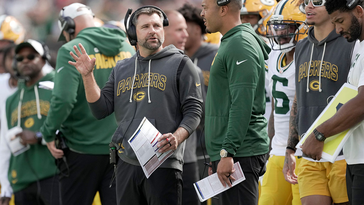 Green Bay Packers passing game coordinator Jason Vrable is shown during the first quarter of their preseason game Saturday, August 23, 2025 at Lambeau Field in Green Bay, Wisconsin. The Green Bay Packers beat the Seattle Seahawks 20-7.