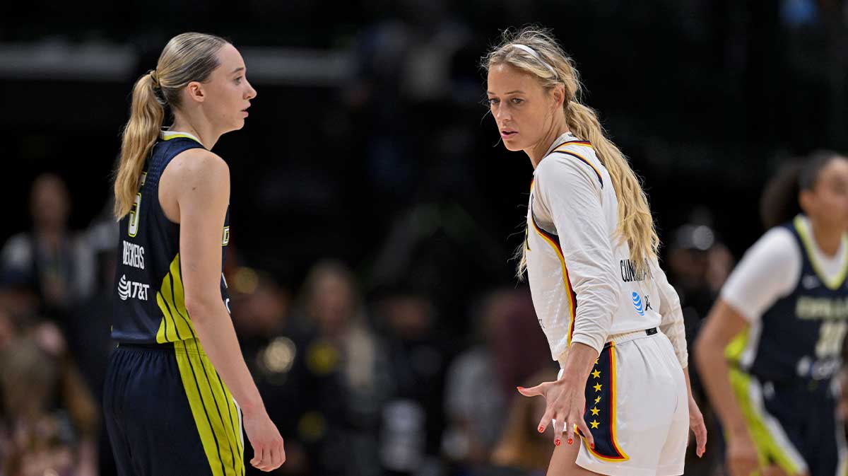 Dallas Wings guard Paige Bueckers (5) and Indiana Fever guard Sophie Cunningham (8) in action during the game between the Dallas Wings and the Indiana Fever