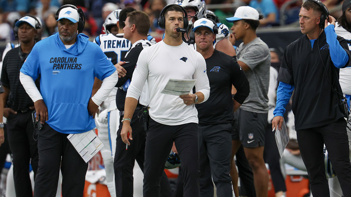 The Carolina Panthers head coach Dave Canales watches his team play against the Houston Texans in the second half at NRG Stadium.