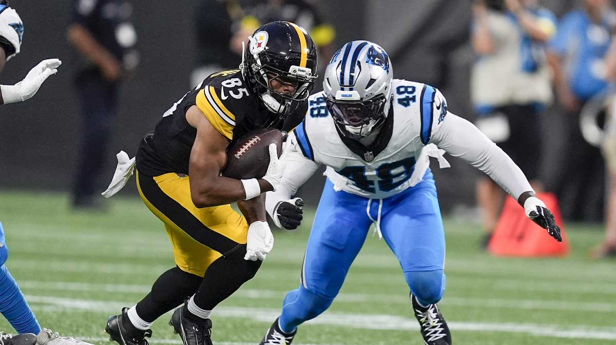 Pittsburgh Steelers wide receiver Ke'Shawn Williams (85) tries to elude Carolina Panthers linebacker Thomas Incoom (48) during the second quarter at Bank of America Stadium.