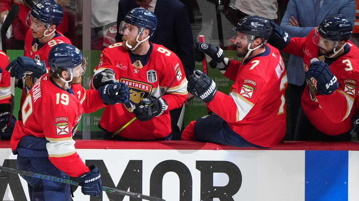 Florida Panthers left wing Matthew Tkachuk (19) celebrates with his teammates after scoring a goal against the Edmonton Oilers during the first period in game six of the 2025 Stanley Cup Final at Amerant Bank Arena.
