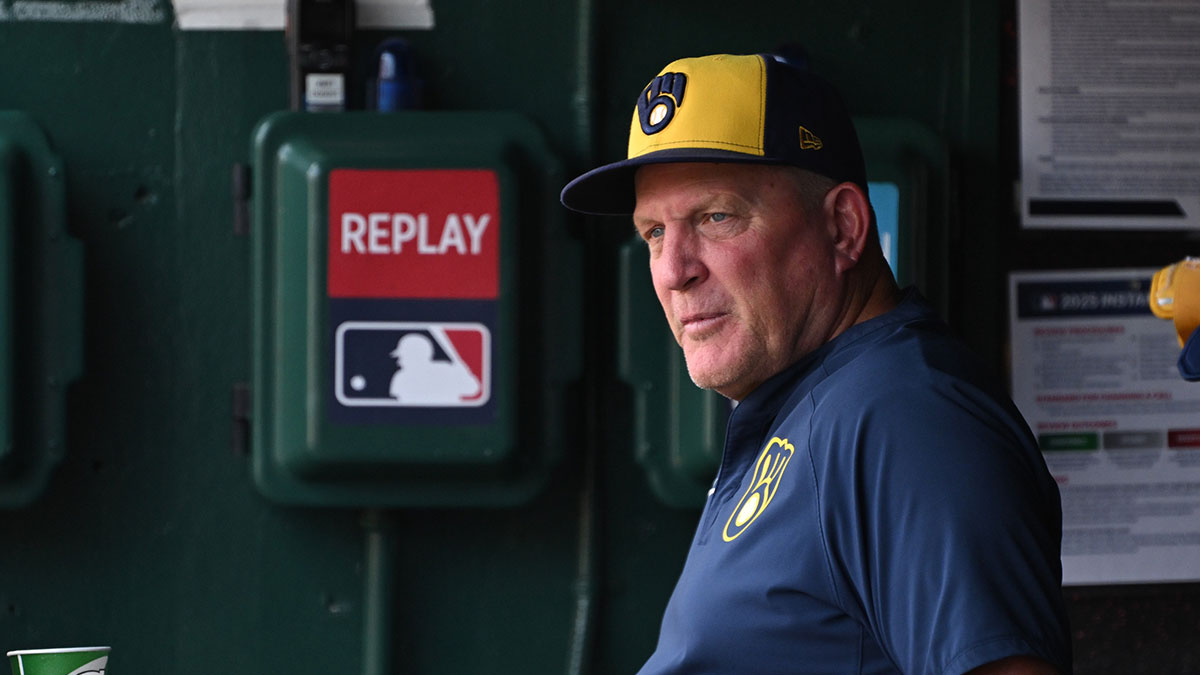 Milwaukee Brewers manager Pat Murphy (49) stands in the dugout before a game against the Washington Nationals at Nationals Park.
