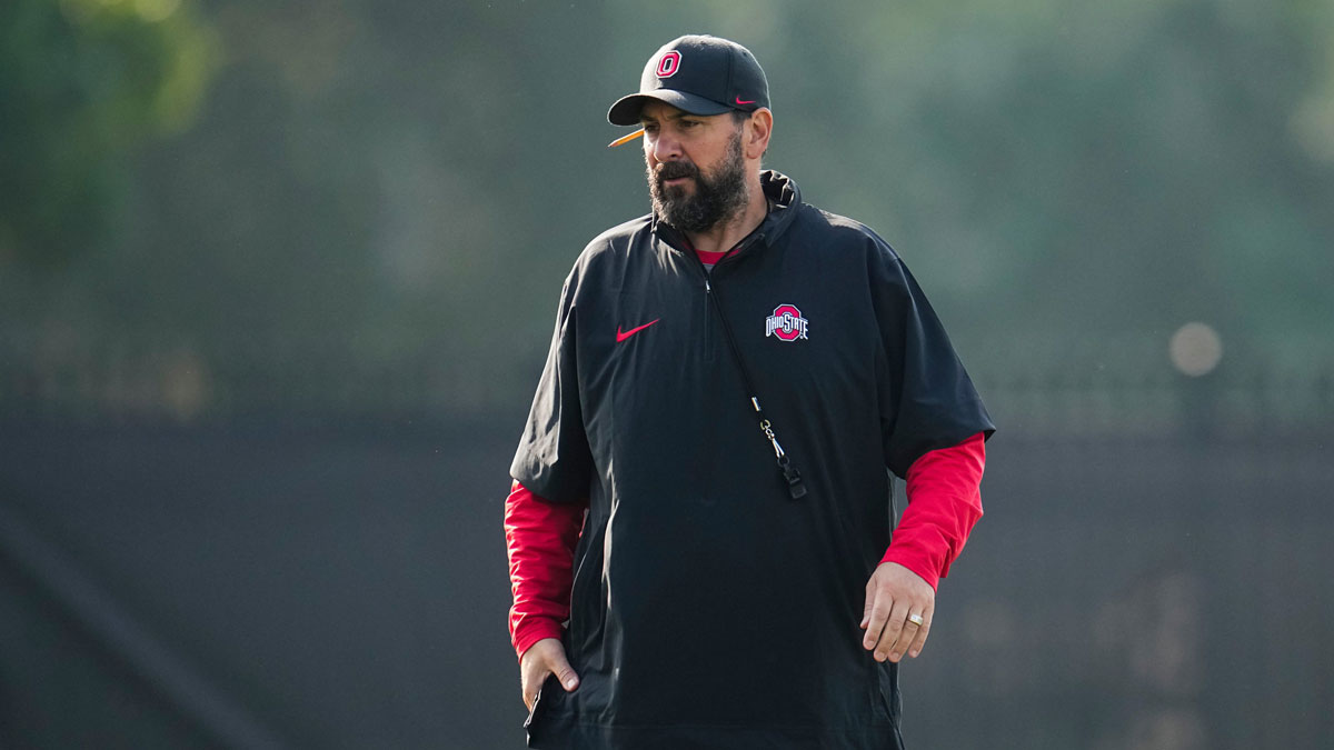 Ohio State Buckeyes defensive coordinator Matt Patricia watches during football training camp at the Woody Hayes Athletic Center on Aug. 1, 2025.