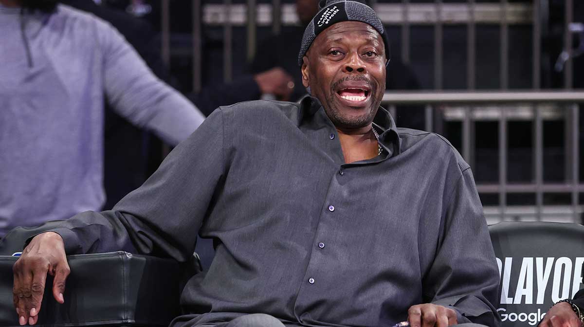 Former NBA center Patrick Ewing watches pregame workouts of Game One of the First Round of the NBA Playoffs between the Detroit Pistons and the New York Knicks at Madison Square Garden.