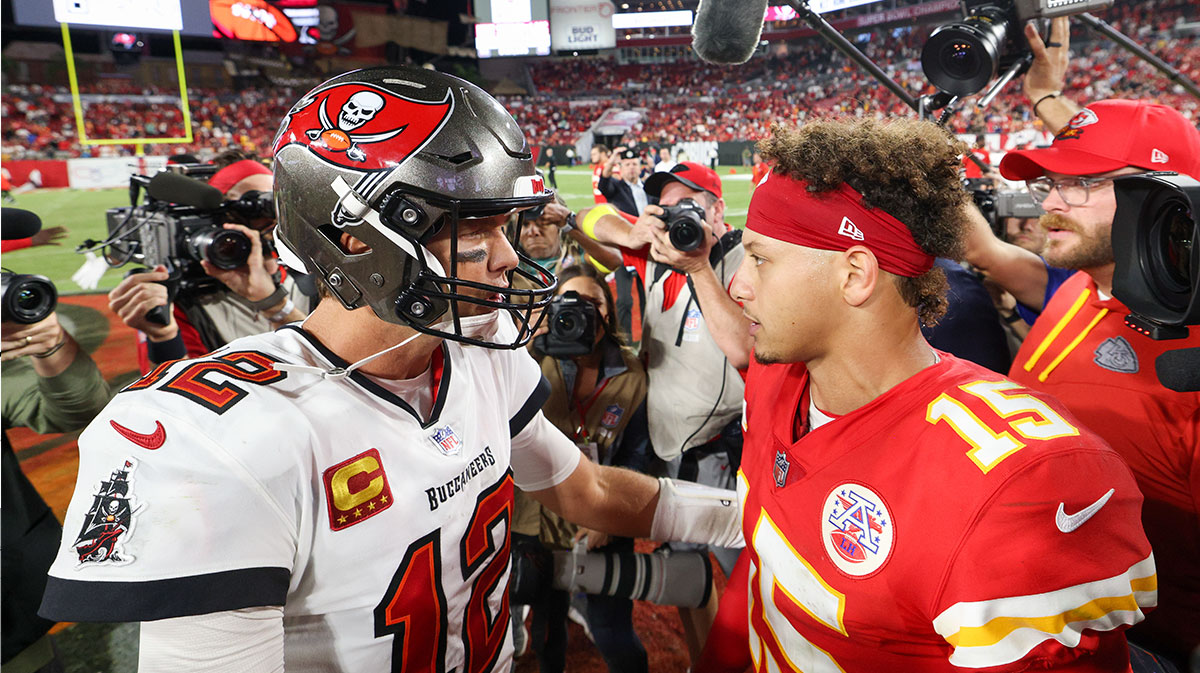 Tampa Bay Buccaneers quarterback Tom Brady (12) greets Kansas City Chiefs quarterback Patrick Mahomes (15) after a game at Raymond James Stadium.