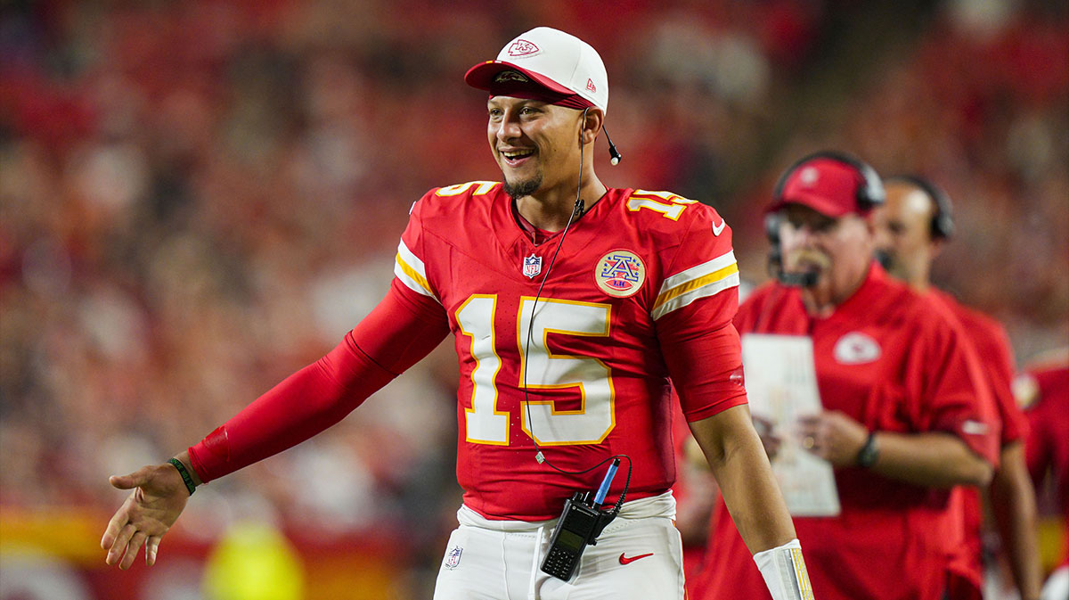 Kansas City Chiefs quarterback Patrick Mahomes (15) reacts after a touchdown during the second half against the Chicago Bears at GEHA Field at Arrowhead Stadium.