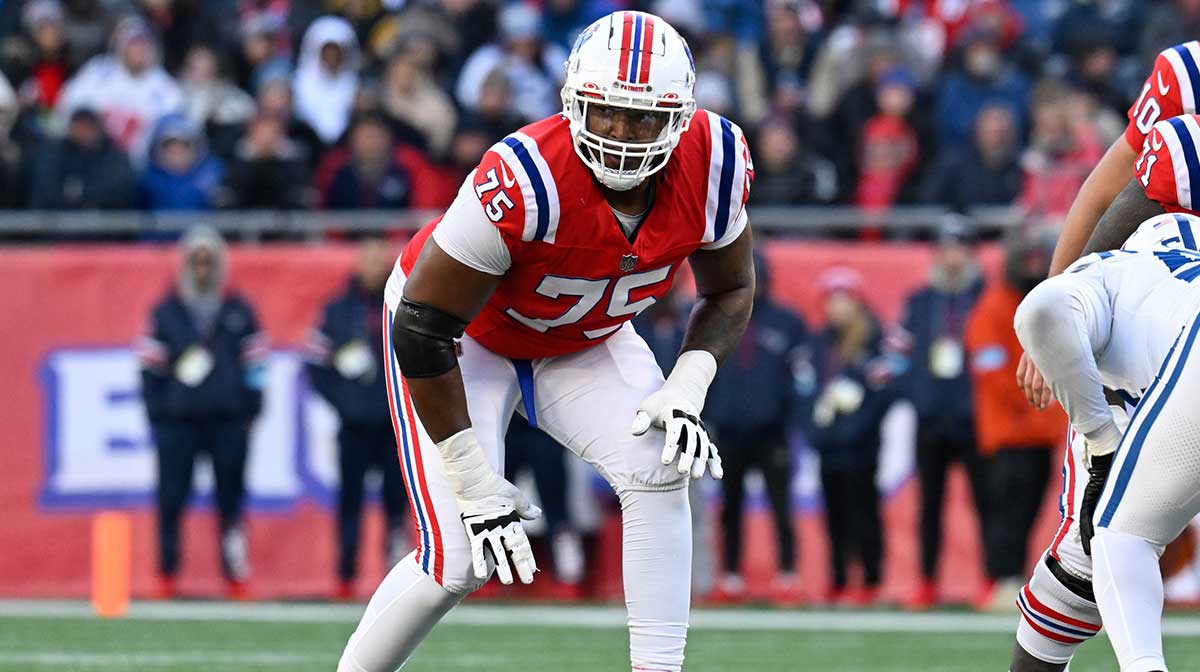 New England Patriots offensive tackle Demontrey Jacobs (75) on the line of scrimmage before the snap of the ball during the second half against the Indianapolis Colts at Gillette Stadium.