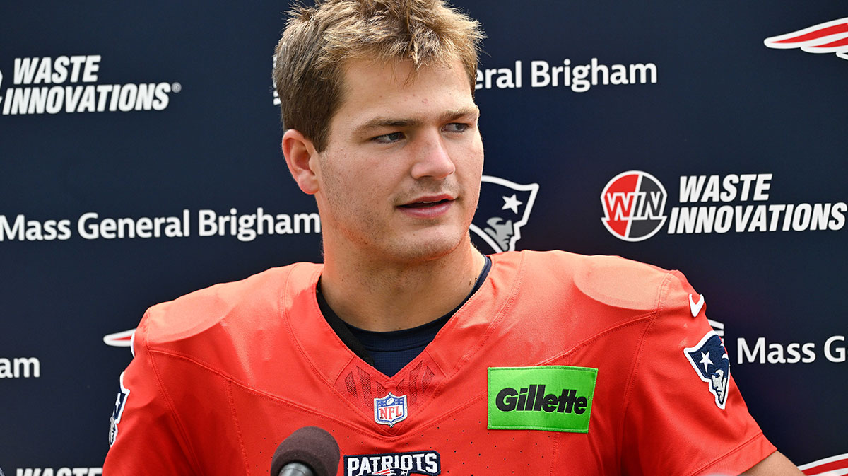 Patriots quarterback Drake Maye (10) speaks to the media after training camp at Gillette Stadium