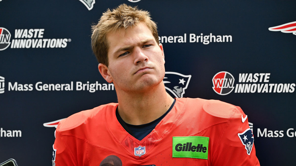 Patriots quarterback Drake Maye (10) speaks to the media after training camp at Gillette Stadium