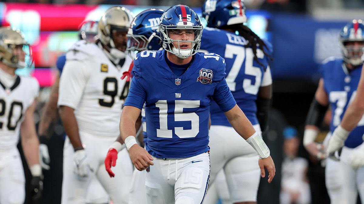 New York Giants quarterback Tommy DeVito (15) reacts during the fourth quarter against the New Orleans Saints at MetLife Stadium. Mandatory Credit: Brad Penner-Imagn Images