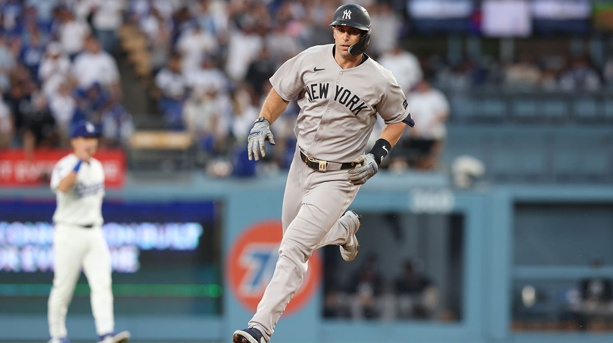 May 30, 2025; Los Angeles, California, USA; New York Yankees first baseman Paul Goldschmidt (48) rounds the bases after hitting a home run during the third inning against the Los Angeles Dodgers at Dodger Stadium. 
