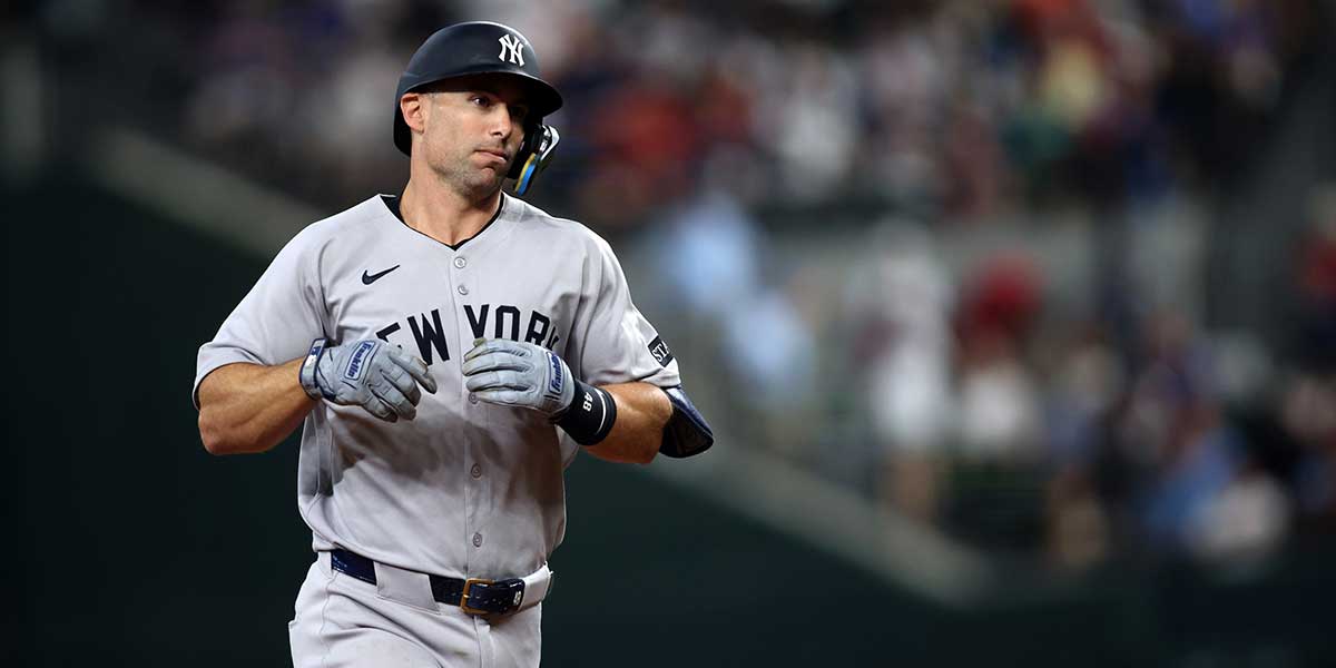 New York Yankees first baseman Paul Goldschmidt (48) rounds the bases after hitting a solo home run during the seventh inning against the Texas Rangers at Globe Life Field.