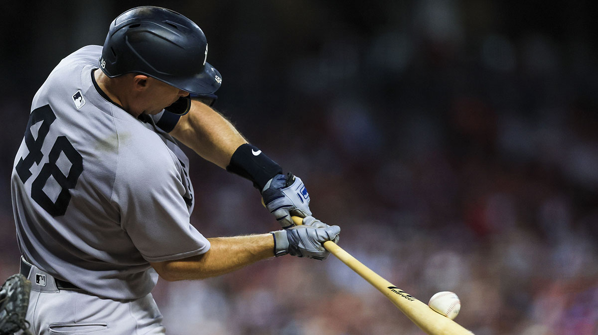 New York Yankees first baseman Paul Goldschmidt (48) bats against the Cincinnati Reds in the seventh inning at Great American Ball Park.