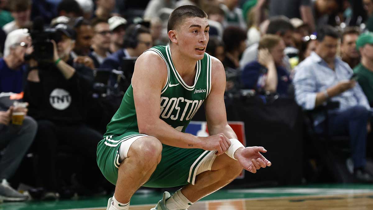 Boston Celtics guard Payton Pritchard (11) looks on during the second quarter of game two of the first round of the 2024 NBA Playoffs against the Orlando Magic at TD Garden.