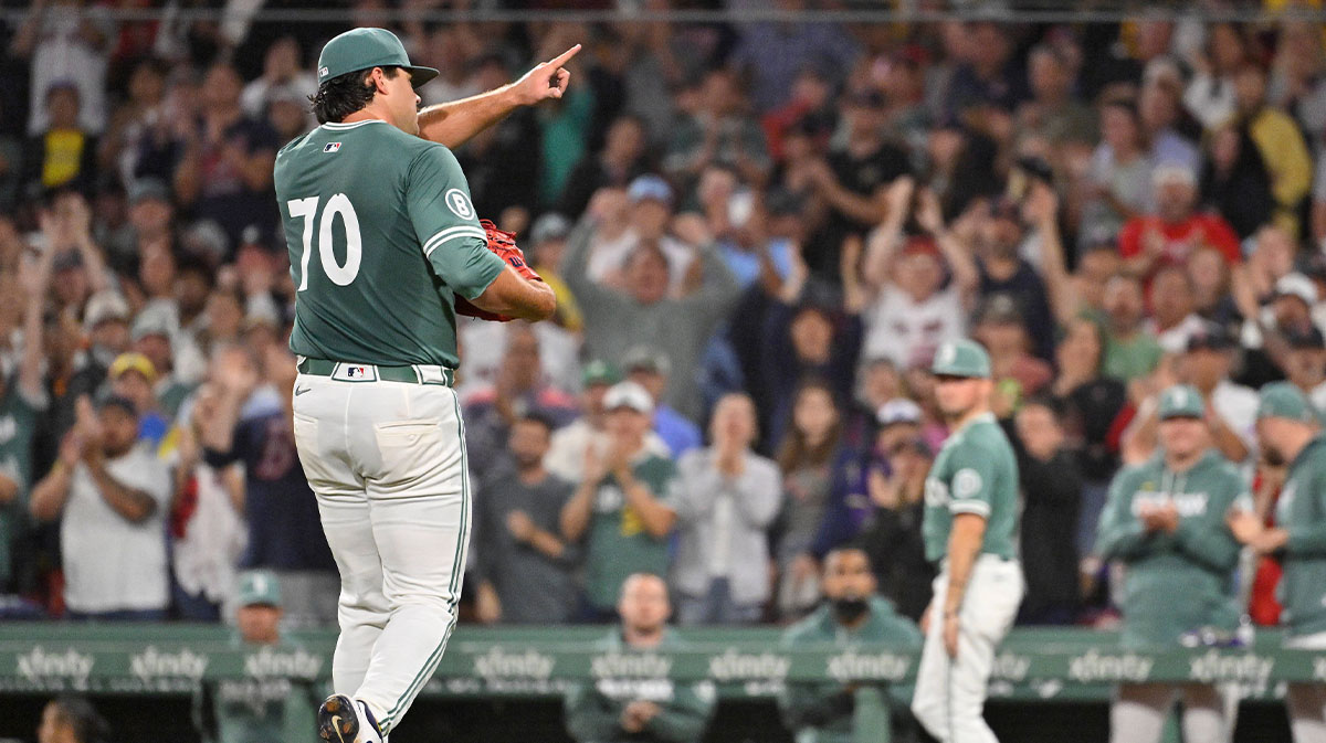 Boston Red Sox starting pitcher Payton Tolle (70) reacts to fans after being relieved of pitching duties against the Pittsburgh Pirates during the sixth inning