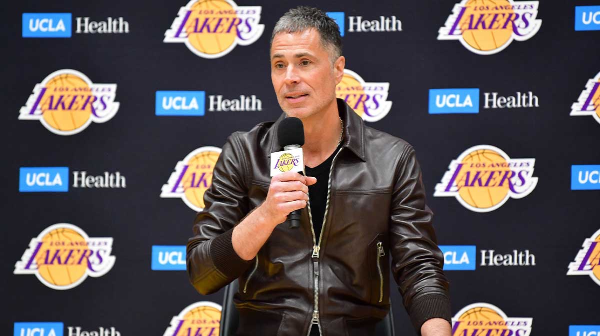 Los Angeles Lakers vice president of basketball operations and general manager Rob Pelinka speaks before introducing Luka Doncic at UCLA Health Training Center.