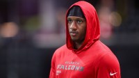 Atlanta Falcons quarterback Michael Penix Jr. (9) on the field before a game against the Detroit Lions at Mercedes-Benz Stadium.
