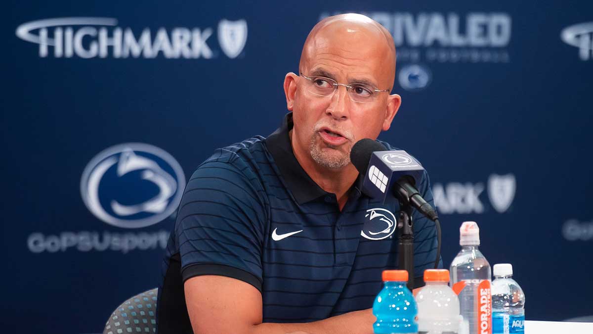 Penn State football head coach James Franklin answers a question at a press conference during football media day in Beaver Stadium.