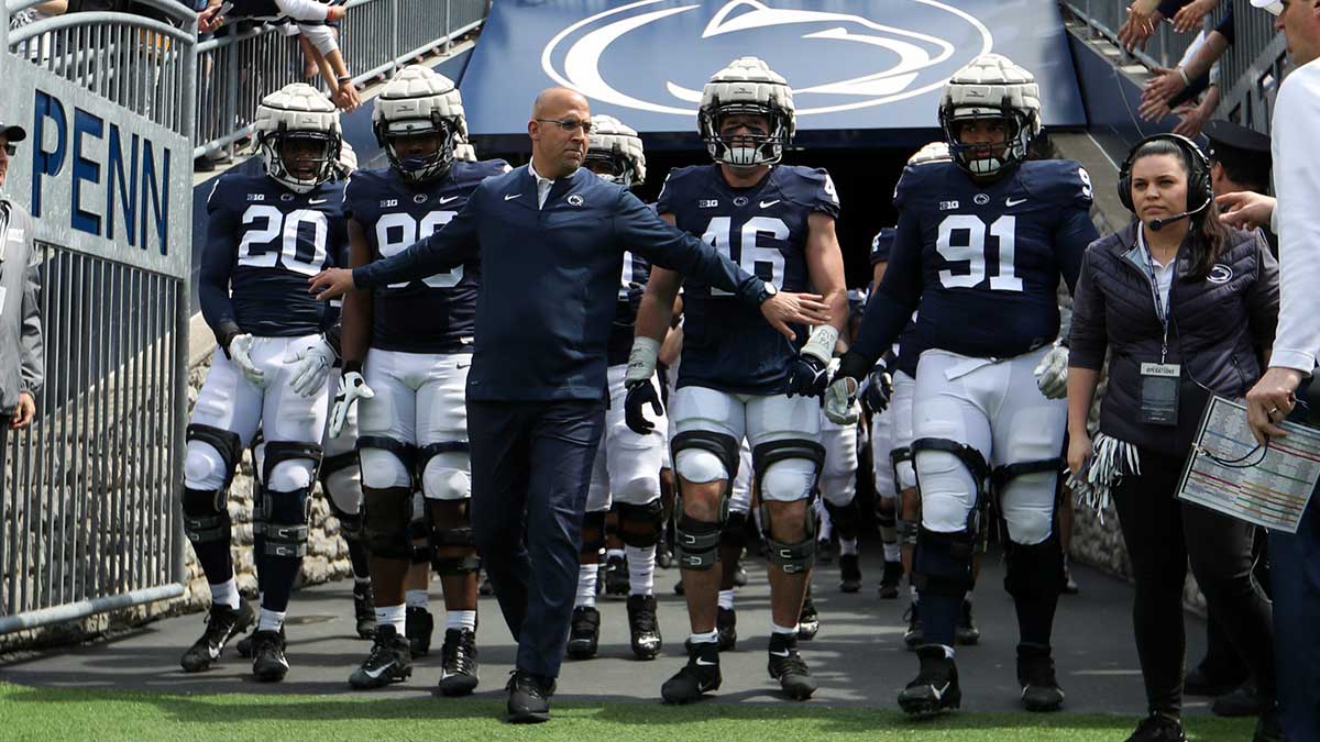 Penn State Nittany Lions head coach James Franklin leads his players out of the team tunnel prior to the Blue White spring game at Beaver Stadium.