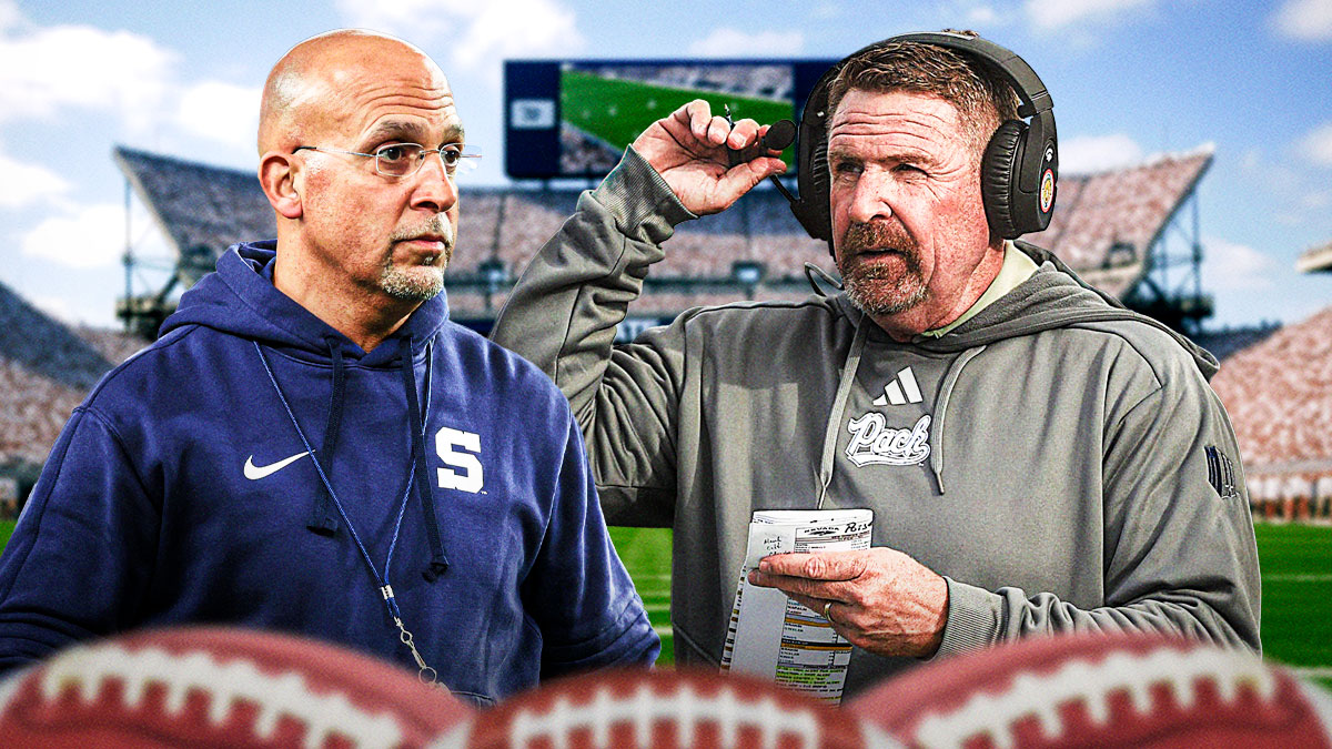 Jeff Choate (nevada coach) and James Franklin (Penn state coach) with Beaver stadium in the background. Penn State football, Nevada football, Penn State nevada bold predictions, NCAA football bold predictions