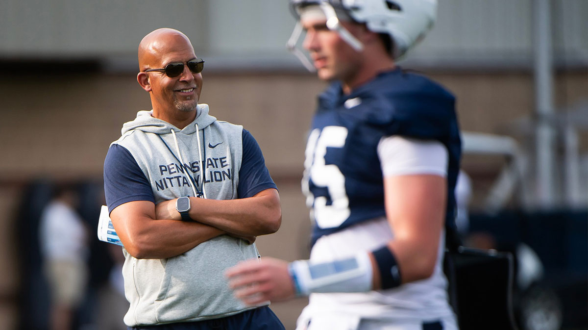 Penn State football head coach James Franklin smiles during a practice session outside Holuba Hall.