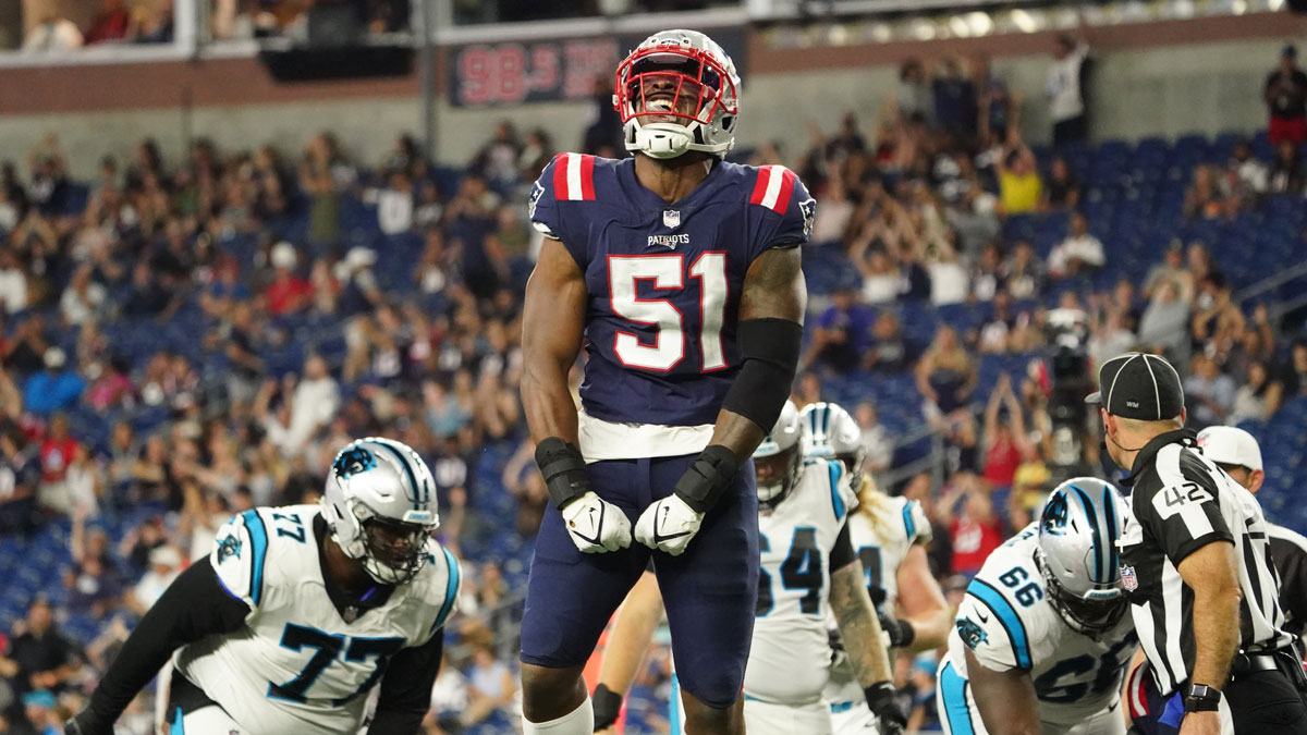 New England Patriots linebacker Ronnie Perkins (51) sacks Carolina Panthers quarterback PJ Walker (11) (not pictured) in the fourth quarter at Gillette Stadium.