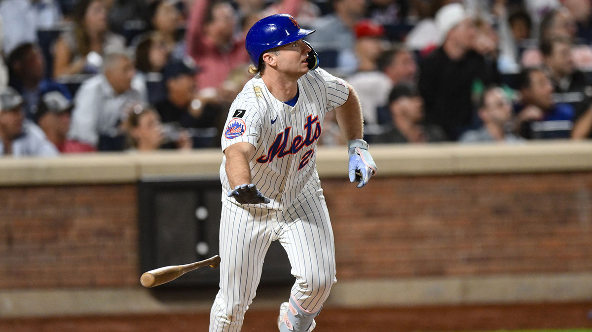 New York Mets first baseman Pete Alonso (20) hits a two RBI double against the Philadelphia Phillies during the fifth inning at Citi Field.