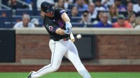 New York Mets first baseman Pete Alonso (20) doubles during the fourth inning against the Tampa Bay Rays at Citi Field.