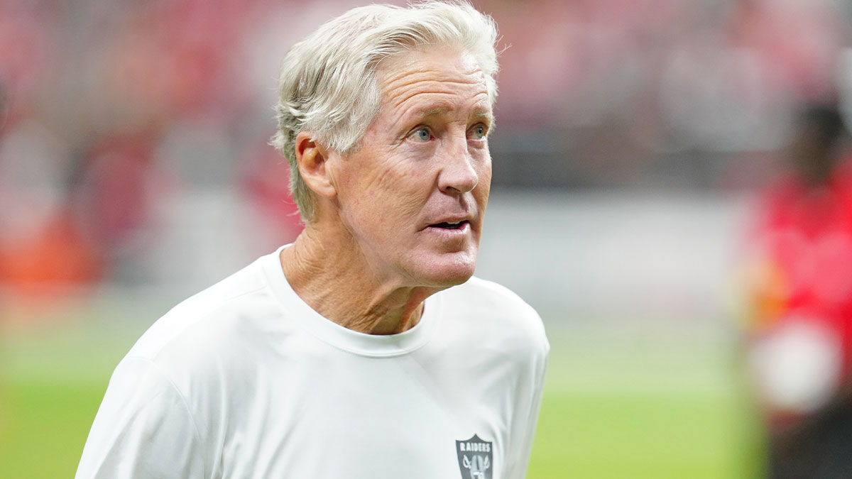 Las Vegas Raiders head coach Pete Carroll walks off the field after the Raiders were defeated by the San Francisco 49ers 22-19 at Allegiant Stadium.