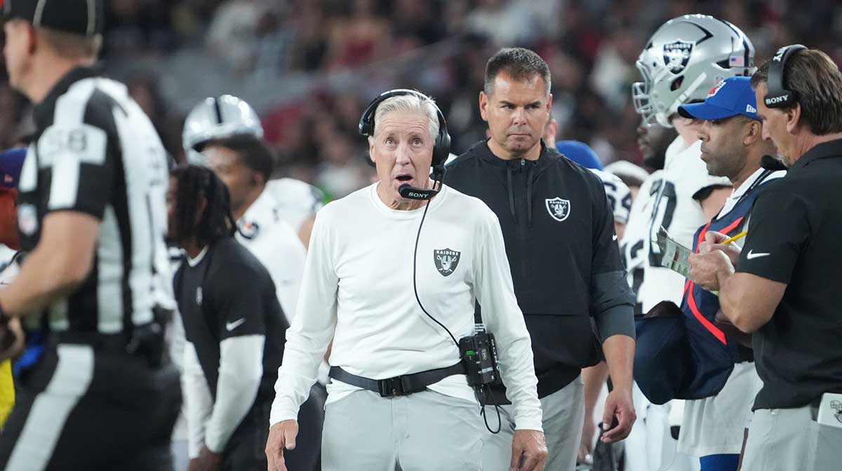 Las Vegas Raiders head coach Pete Carroll looks on against the Arizona Cardinals during the first half at State Farm Stadium.