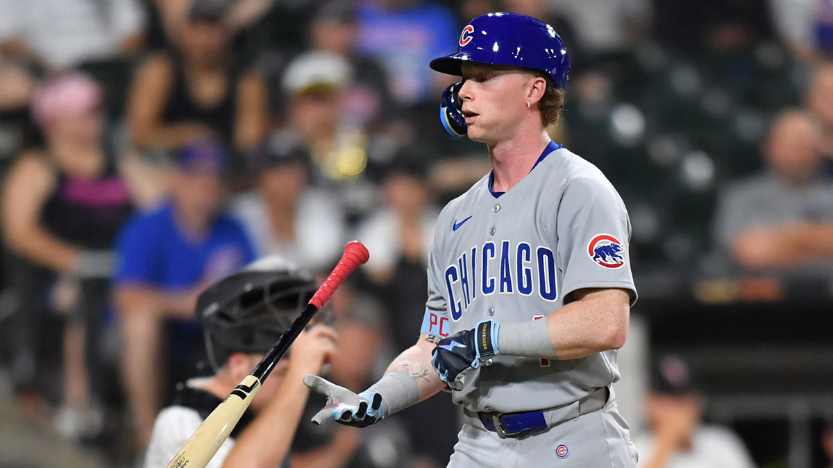 Chicago Cubs center fielder Pete Crow-Armstrong (4) reacts after striking out during the ninth inning aainst the Chicago White Sox at Rate Field.
