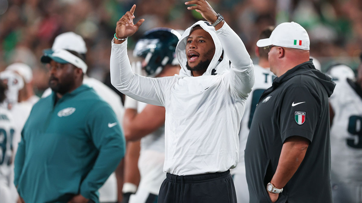 Philadelphia Eagles running back Saquon Barkley (26) reacts during the second half against the New York Jets at MetLife Stadium.