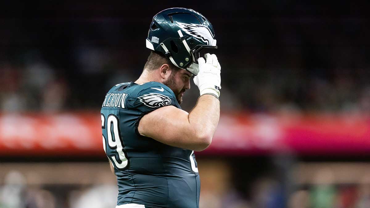 Philadelphia Eagles guard Landon Dickerson (69) against the Kansas City Chiefs during Super Bowl LIX at Ceasars Superdome