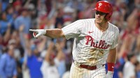 Philadelphia Phillies catcher J.T. Realmuto (10) celebrates his two-run home run during the eighth inning against the Seattle Mariners at Citizens Bank Park.