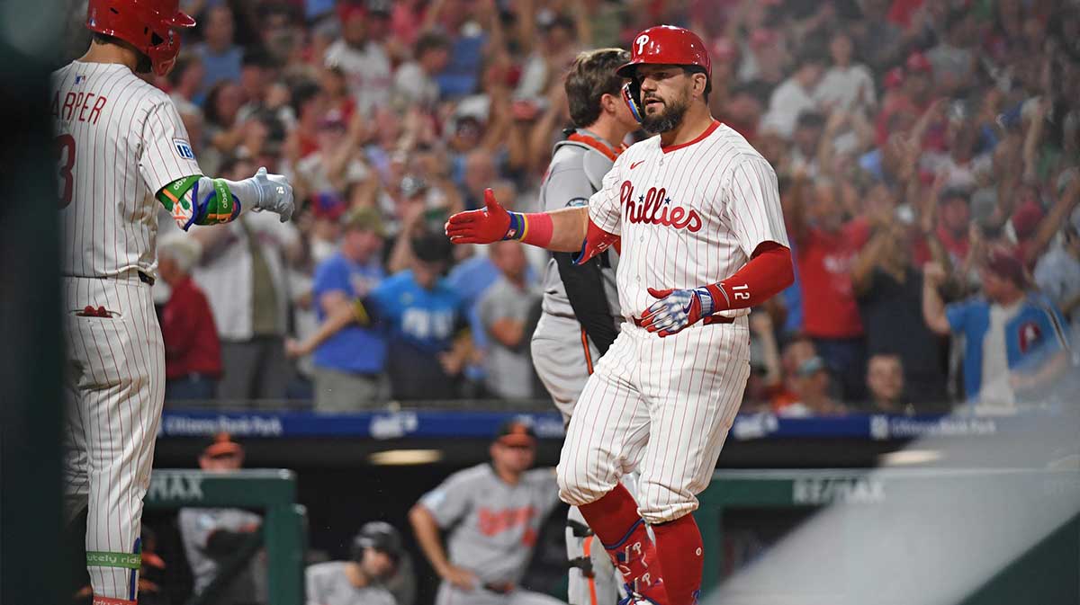 Philadelphia Phillies outfielder Kyle Schwarber (12) reacts after hitting a grand slam home run during the sixth inning against the Baltimore Orioles at Citizens Bank Park.