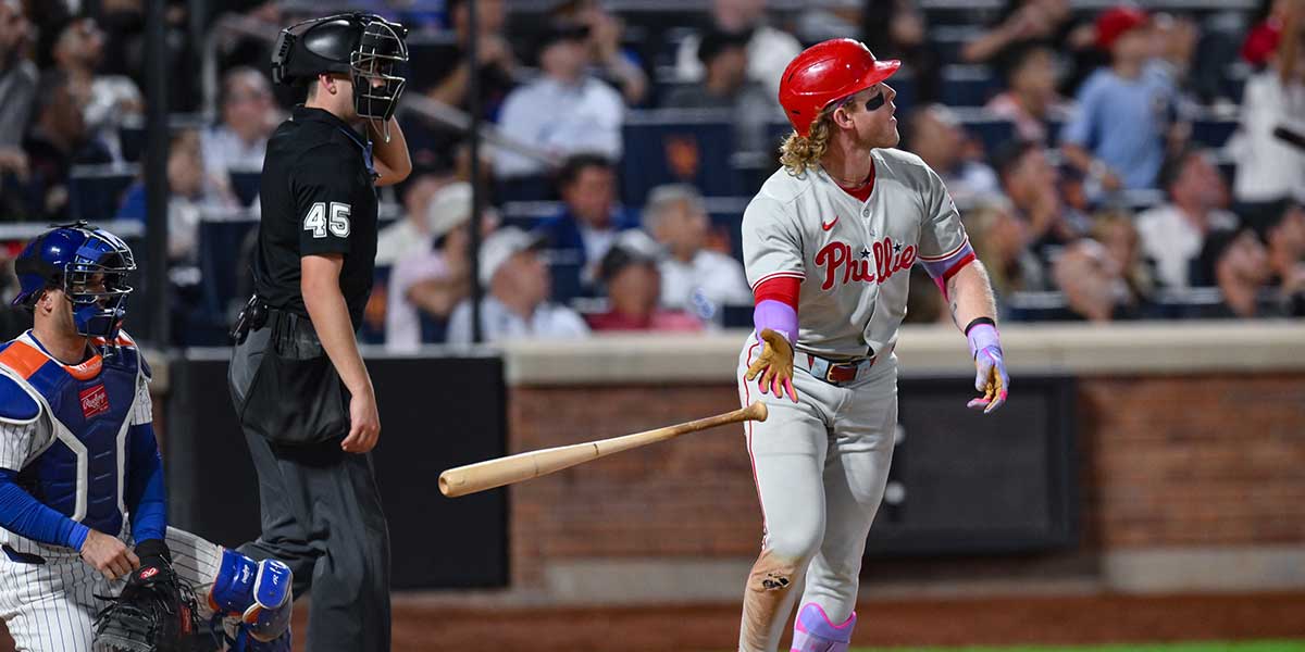 Philadelphia Phillies outfielder Harrison Bader (2) hits a two run home run against the New York Mets during the eighth inning at Citi Field.