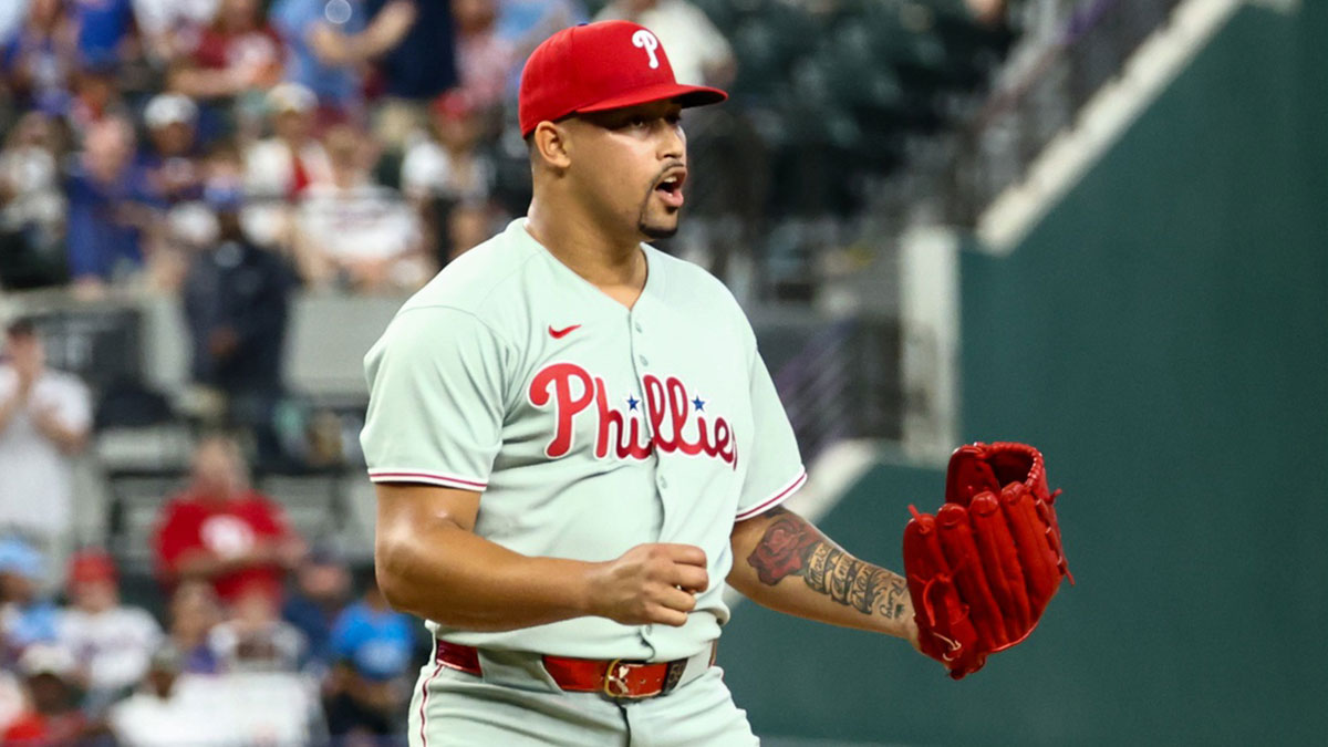Philadelphia Phillies relief pitcher Jhoan Duran (59) reacts after the game against the Texas Rangers at Globe Life Field.