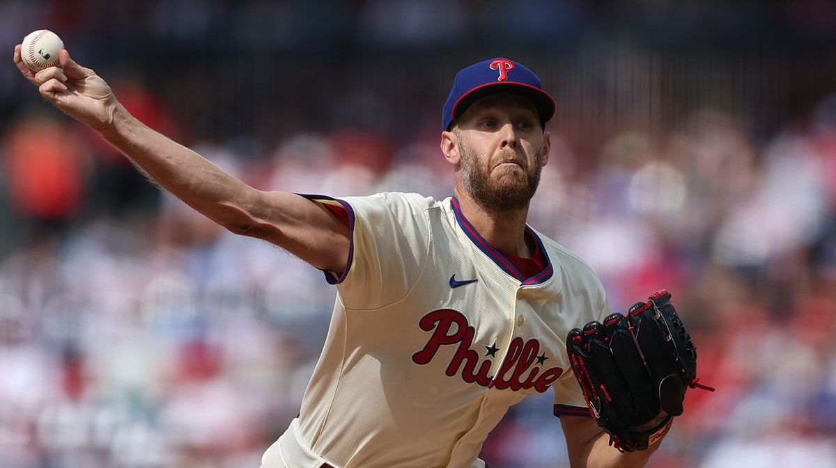 Philadelphia Phillies pitcher Zack Wheeler (45) throws a pitch against the Detroit Tigers during the first inning at Citizens Bank Park.
