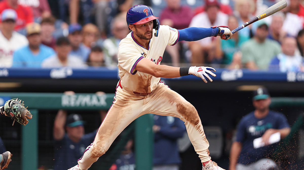 Philadelphia Phillies shortstop Trea Turner (7) hits an RBI single during the seventh inning against the Seattle Mariners at Citizens Bank Park.