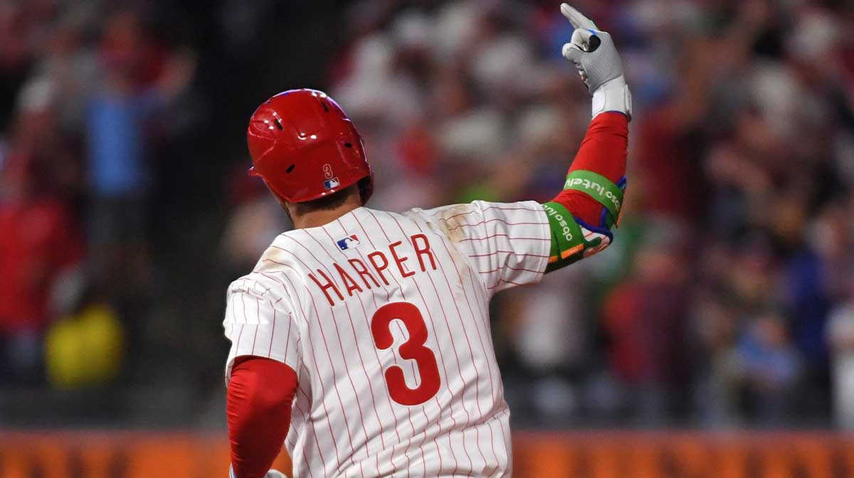 Philadelphia Phillies first base Bryce Harper (3) runs the bases after hitting a three-run home run during the seventh inning against the Seattle Mariners at Citizens Bank Park.