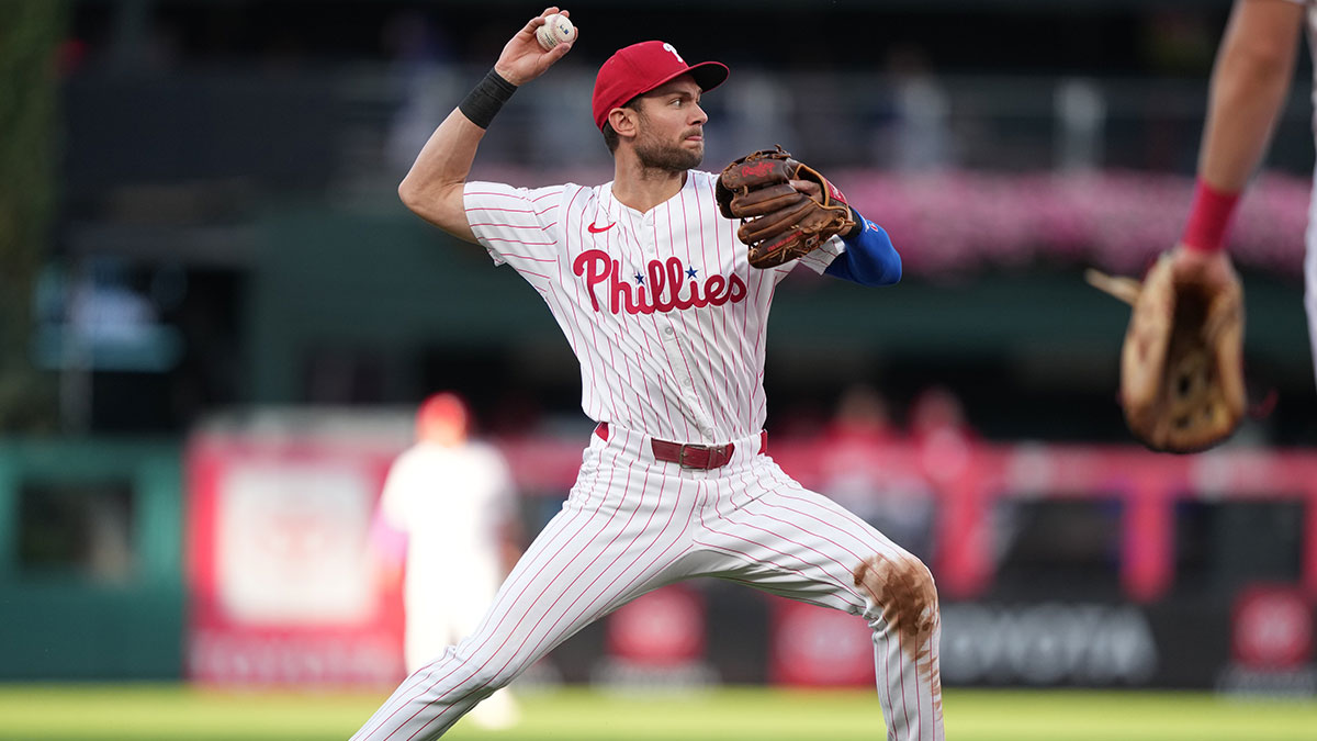Philadelphia Phillies infielder Trea Turner (7) throws to first against the Atlanta Braves in the second inning at Citizens Bank Park.