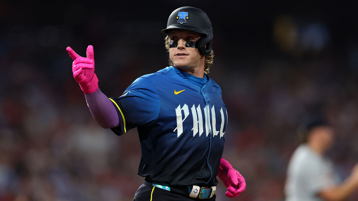 Philadelphia Phillies outfielder Harrison Bader (2) reacts after drawing a walk during the seventh inning against the Detroit Tigers at Citizens Bank Park.