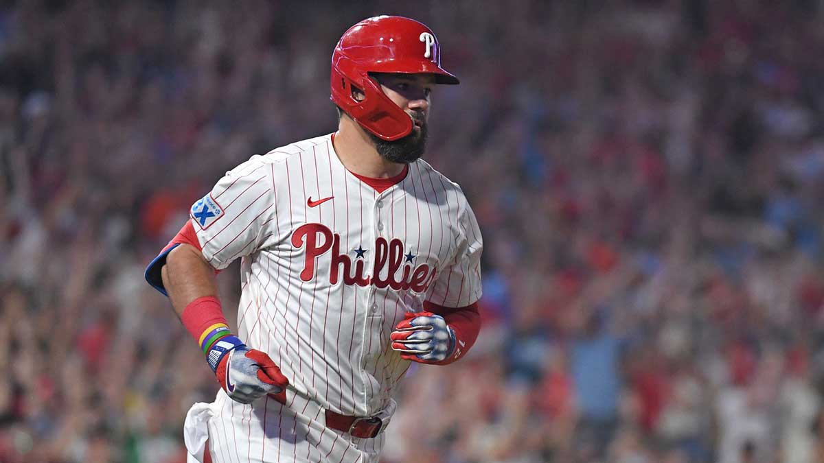 Philadelphia Phillies outfielder Kyle Schwarber (12) watches his grand slam home run during the sixth inning against the Baltimore Orioles at Citizens Bank Park.
