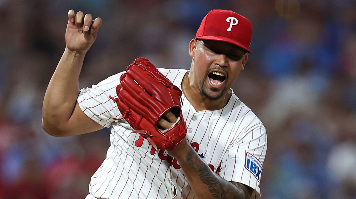 Phillies pitcher Jhoan Duran (59) reacts after a strike out