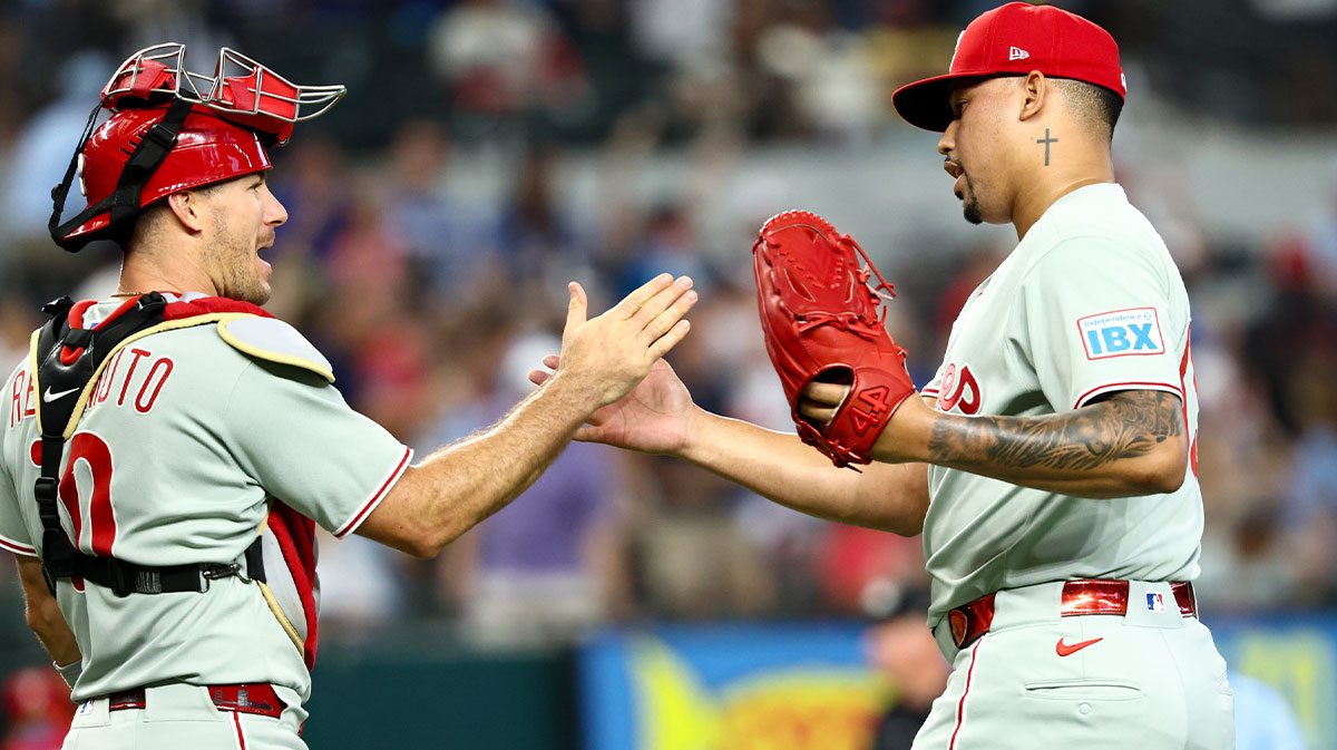 Phillies relief pitcher Jhoan Duran (59) celebrates with Philadelphia Phillies catcher J.T. Realmuto (10)