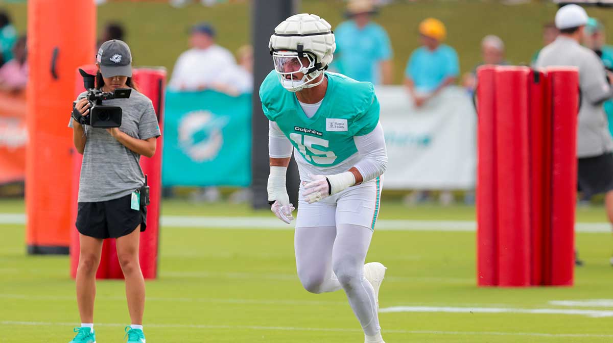 Miami Dolphins linebacker Jaelan Phillips (15) works during training camp at Baptist Health Training Complex.