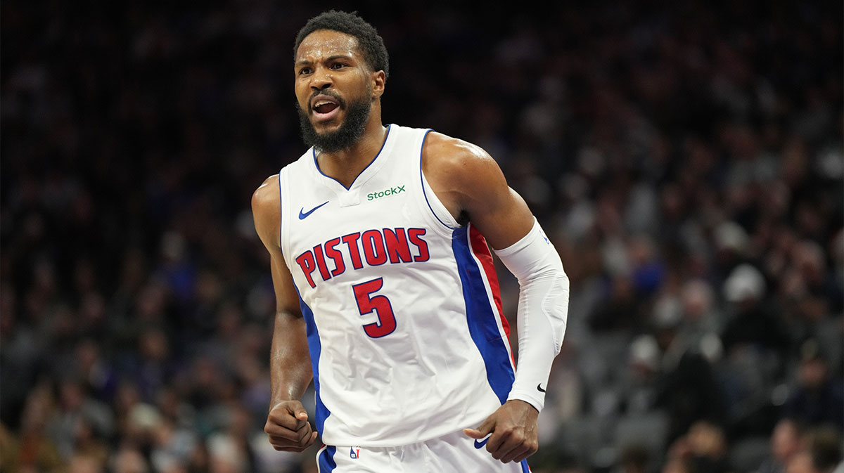 Detroit Pistons guard Malik Beasley (5) reacts after a play against the Sacramento Kings during the third quarter at Golden 1 Center.